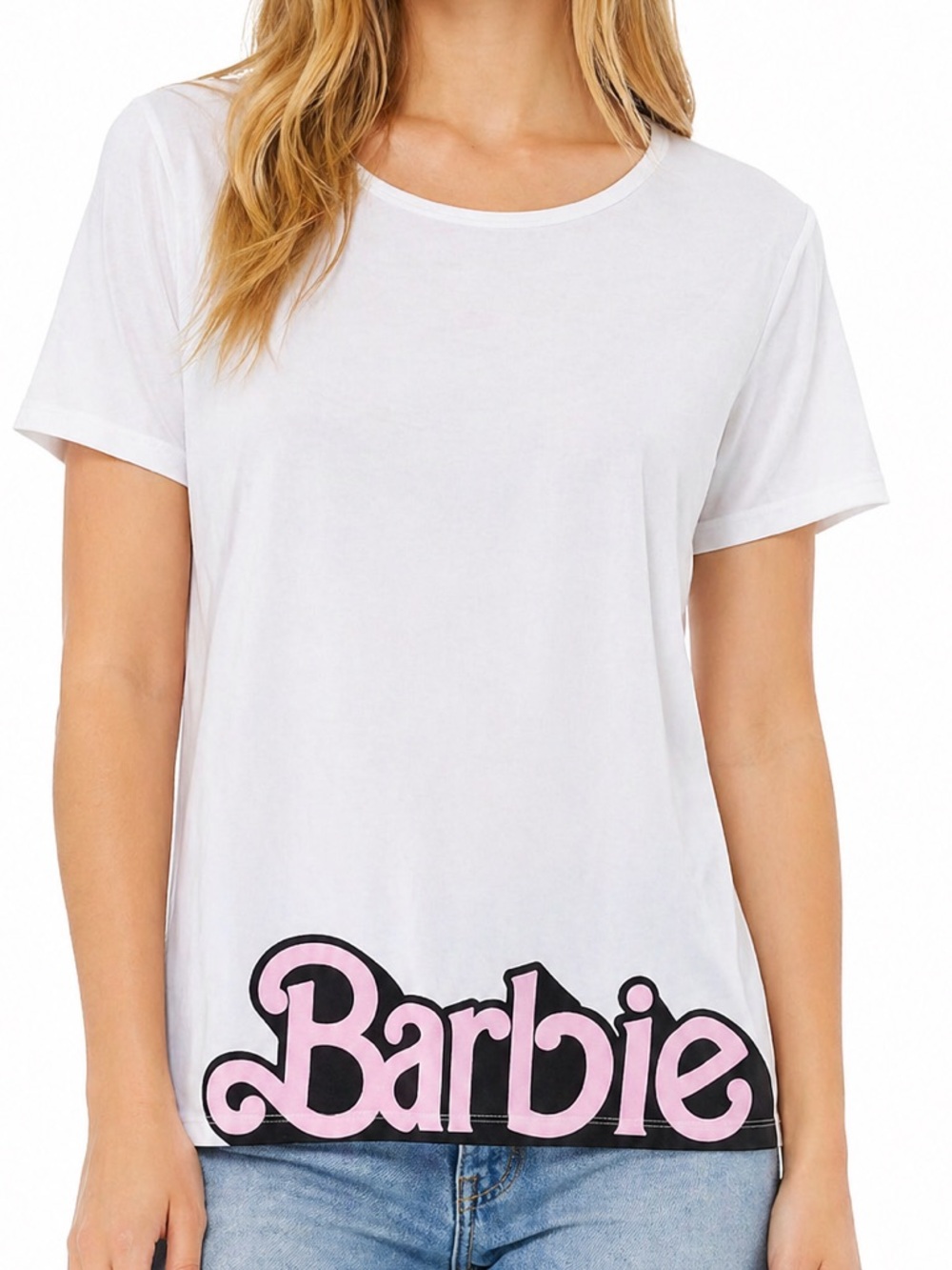 Barbie Tee Shirt Large White Pink Logo Font Short Sleeve
